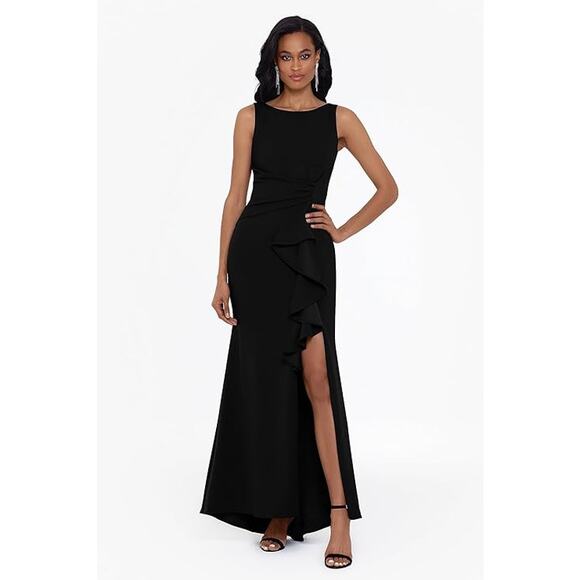 NWT Betsy & Adam Petite Black Scuba Crepe Gown, Boat Neck, Ruffle, Side Slit, 6P - Picture 2 of 3